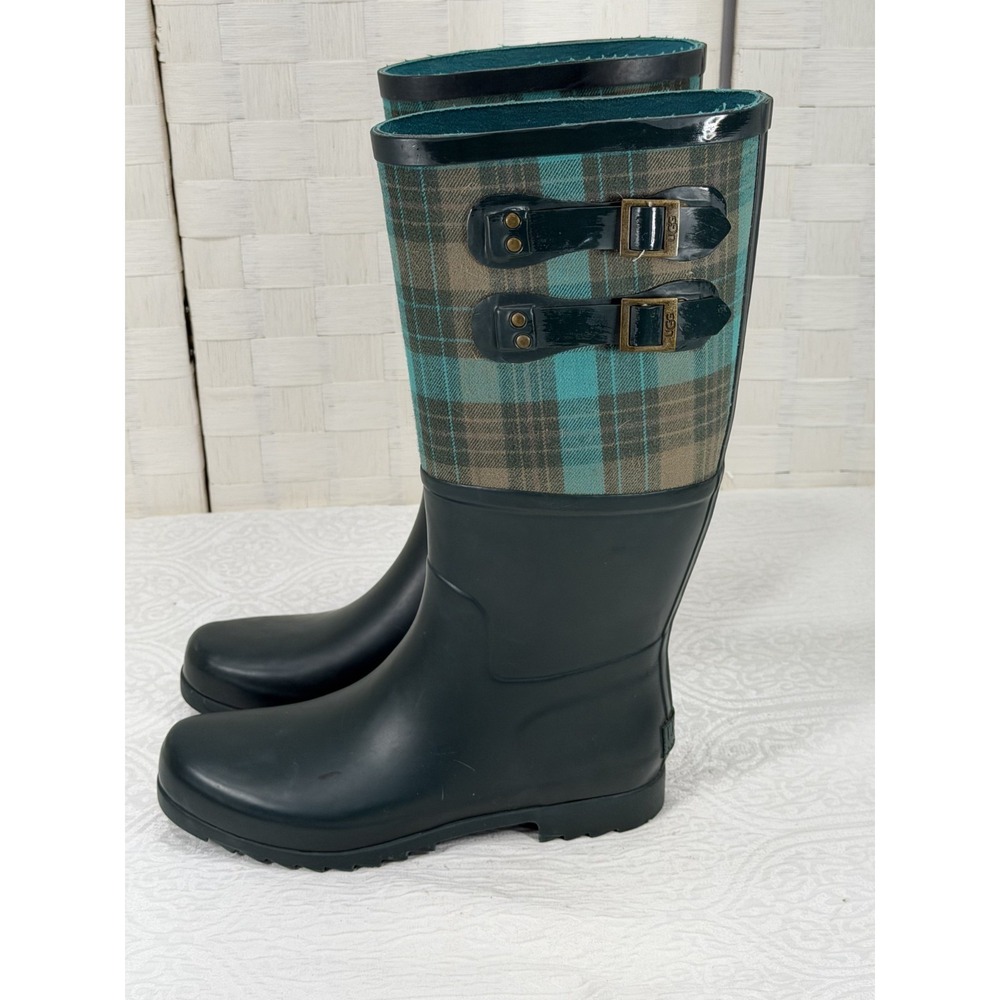 UGG boots green/teal tartan plaid shafts decorative buckles on side womens 11